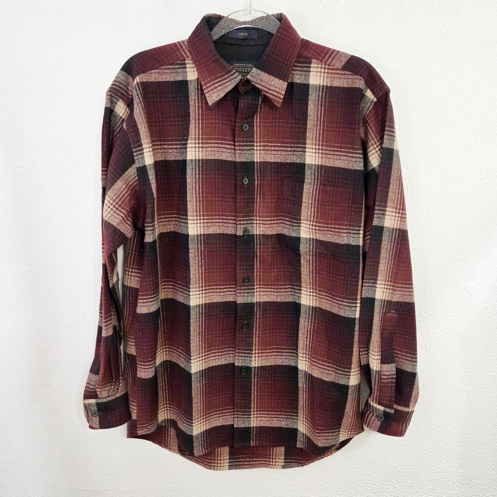 Pendleton Lodge Shirt dark red plaid tan washable wool men's size medium